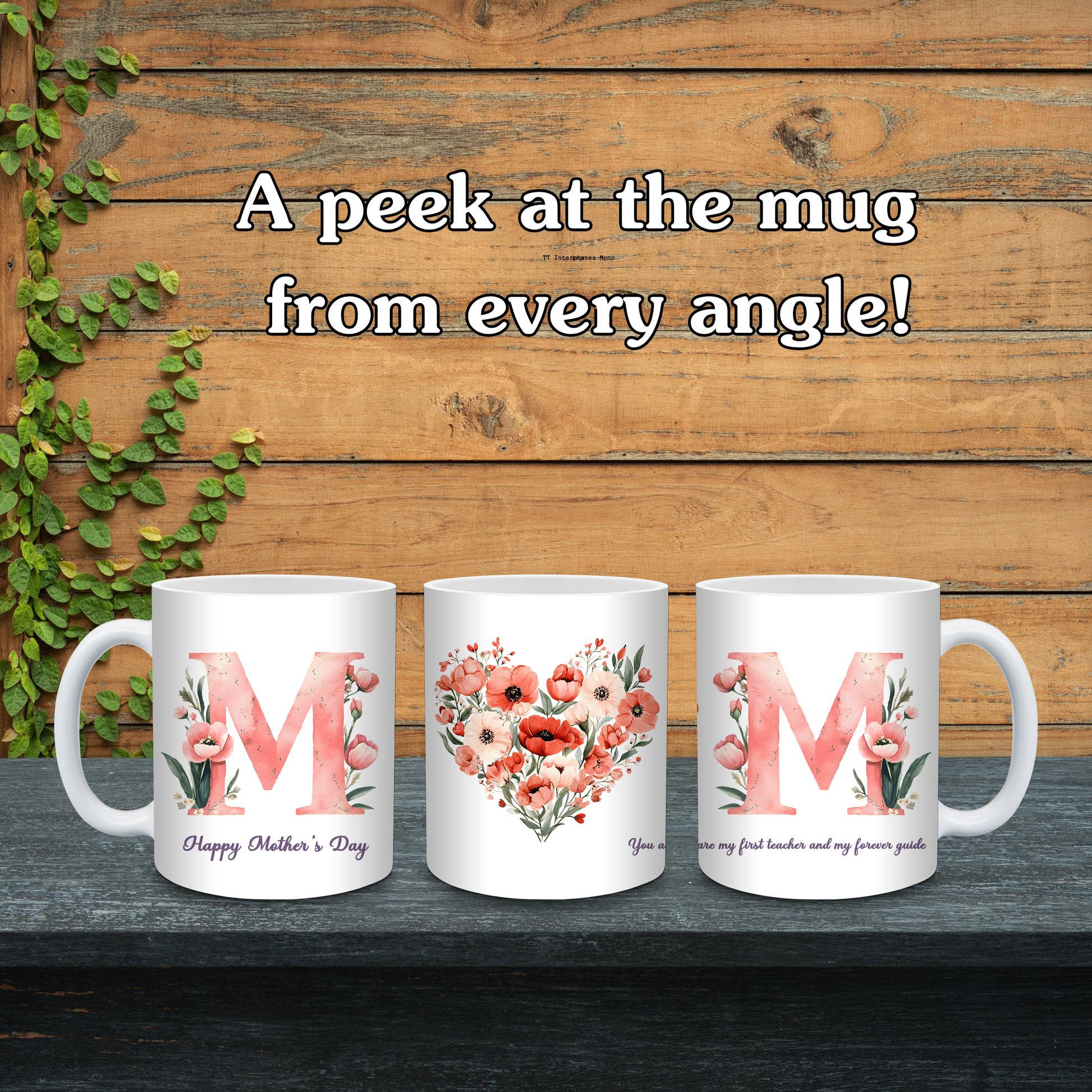 Three white mugs with floral designs and letters 'M' on a wooden background.
