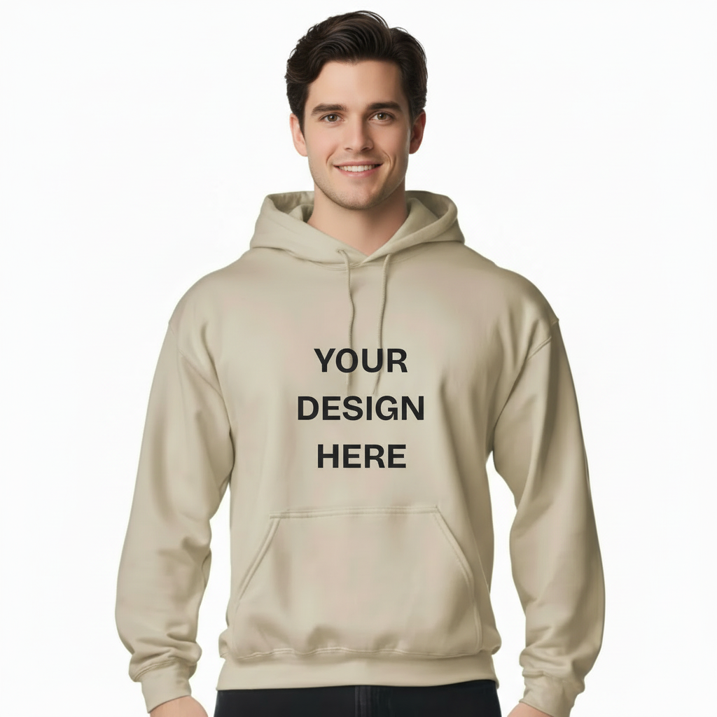 Beige hoodie with 'Your Design Here' text on a white background