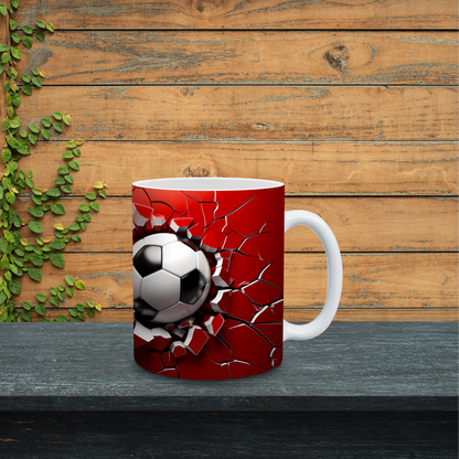 Mug with soccer ball design on a wooden surface