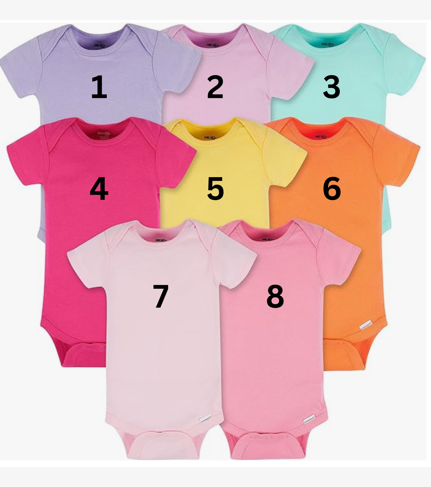 Eight colorful baby bodysuits with numbers on a white background