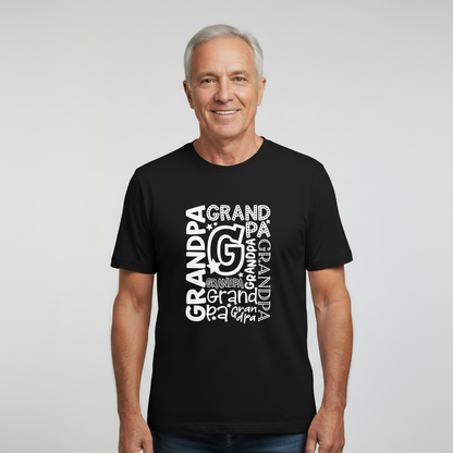 Man wearing a black t-shirt with 'GRANDPA' text design on a plain background
