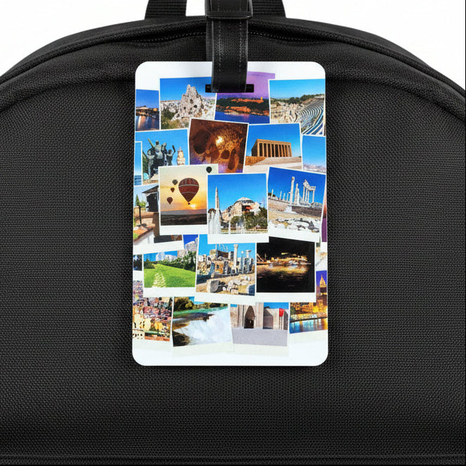 Luggage tag with travel photo collage on a wooden surface
