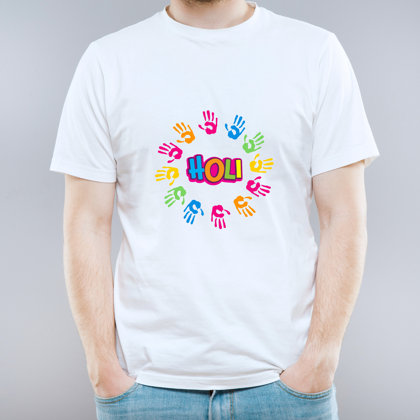 White t-shirt with colorful 'Holi' design featuring handprints on a gray background