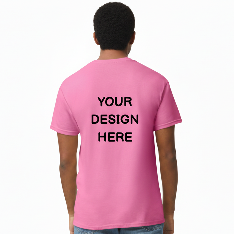 Pink t-shirt with 'Your Design Here' text on the back, worn by a person.
