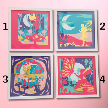 Four colorful fairy-themed prints on a pink background