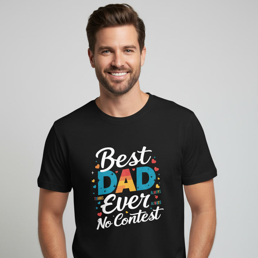 Man wearing a black t-shirt with 'Best Dad Ever No Contest' text on a plain background