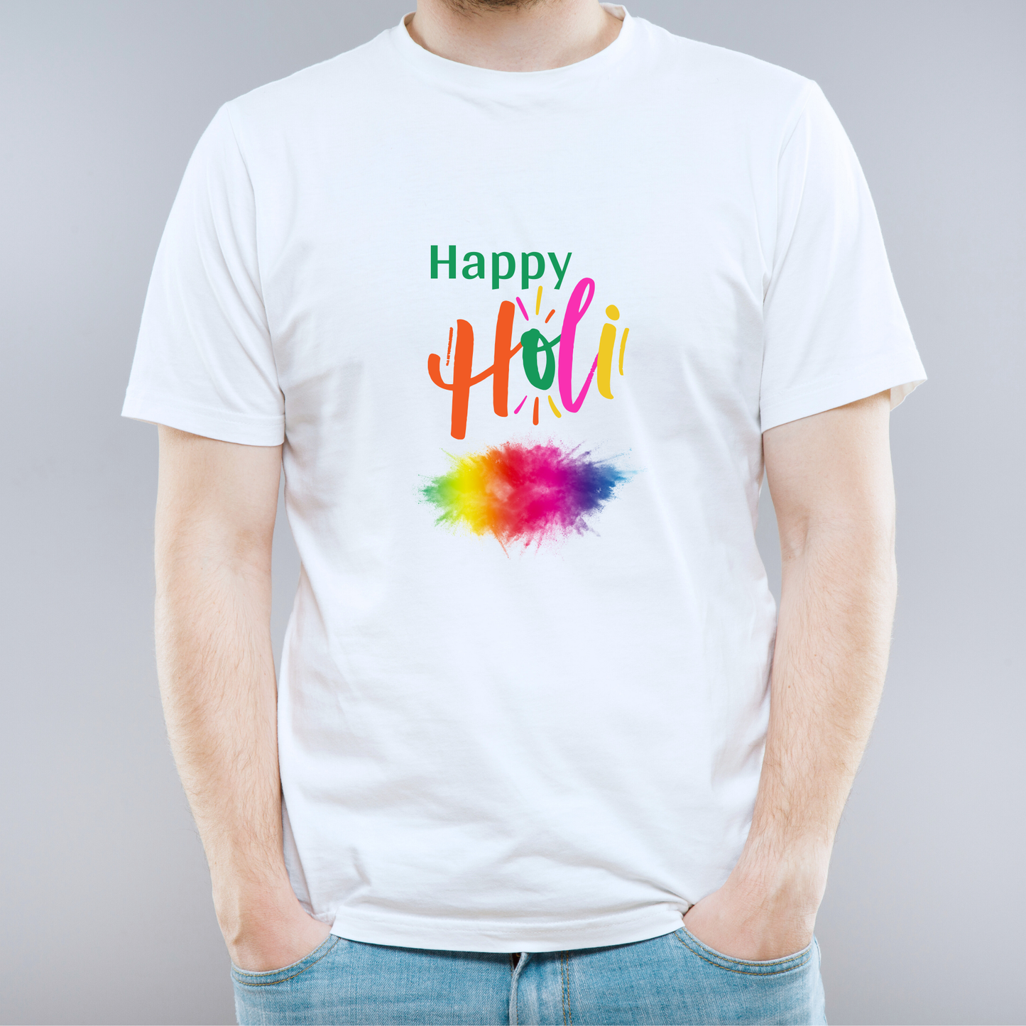 White t-shirt with 'Happy Holi' text and colorful design on a gray background