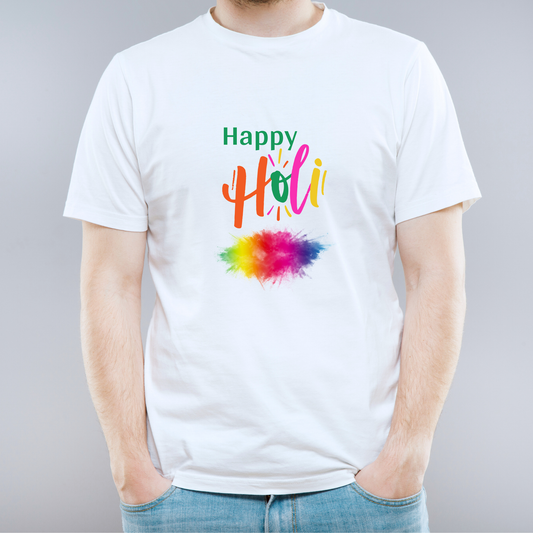 White t-shirt with 'Happy Holi' text and colorful design on a gray background
