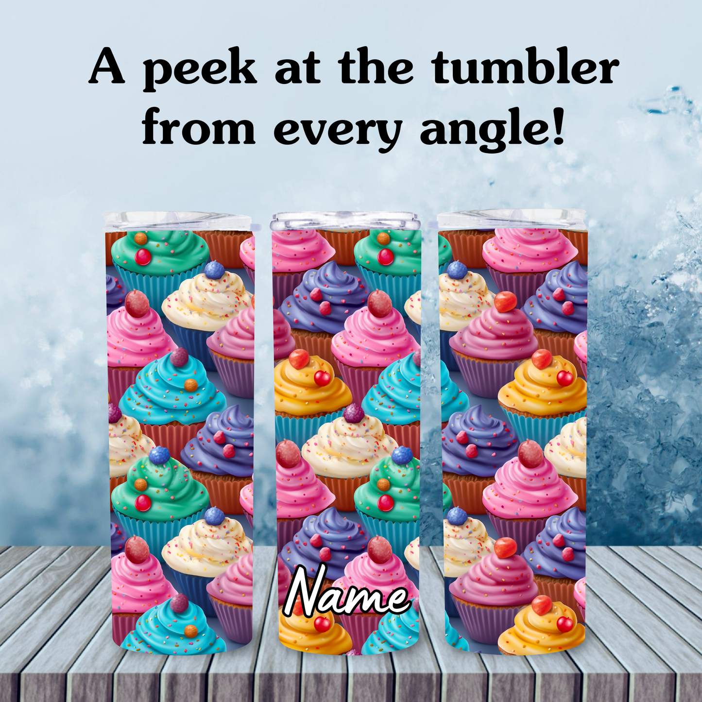 Three phone cases with colorful cupcake design on a wooden surface with water droplets.