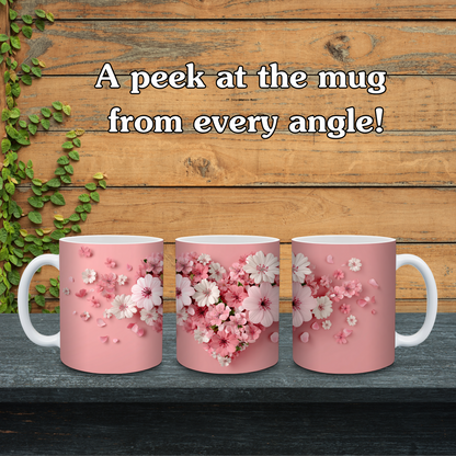Three pink mugs with floral designs on a wooden surface with text 'A peek at the mug from every angle!'.