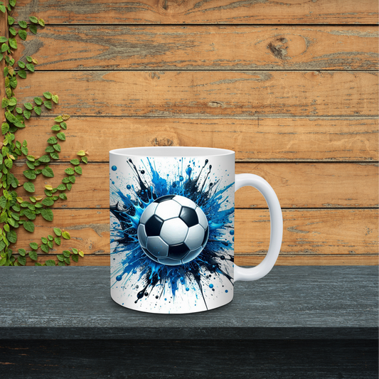 Mug with soccer ball design on a wooden surface