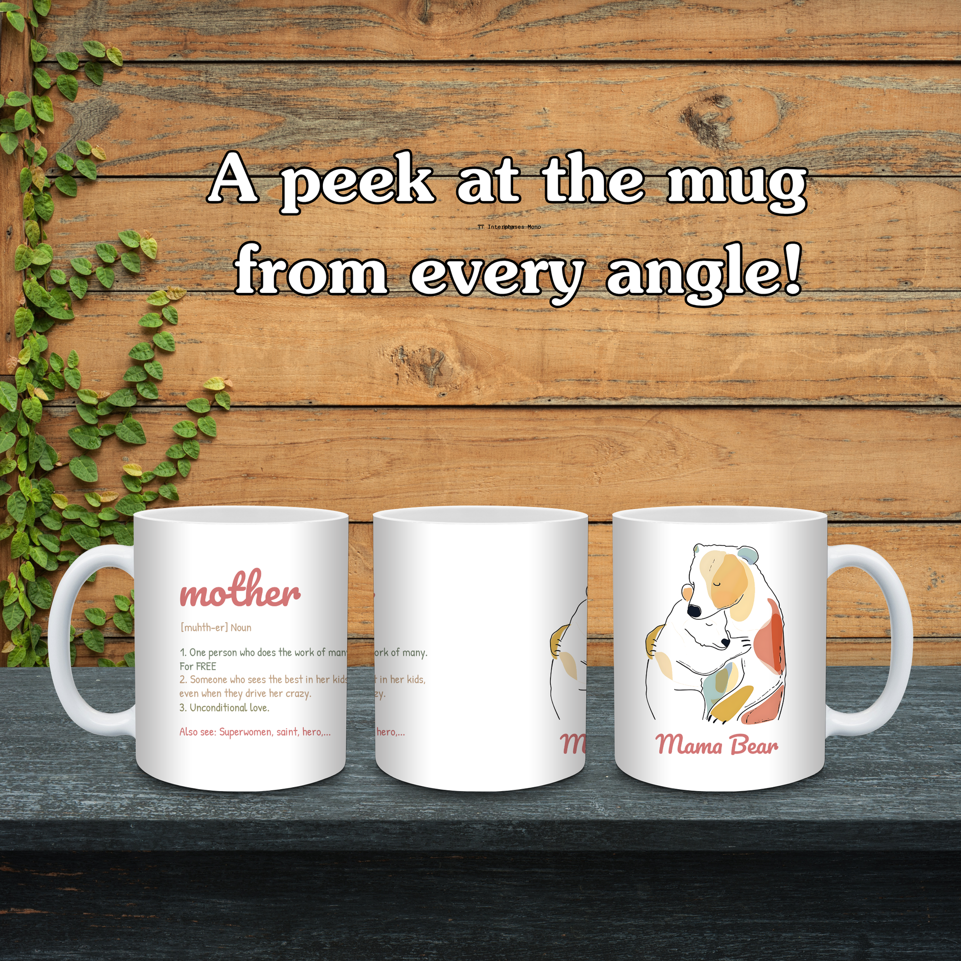 Three mugs with different designs on a wooden background