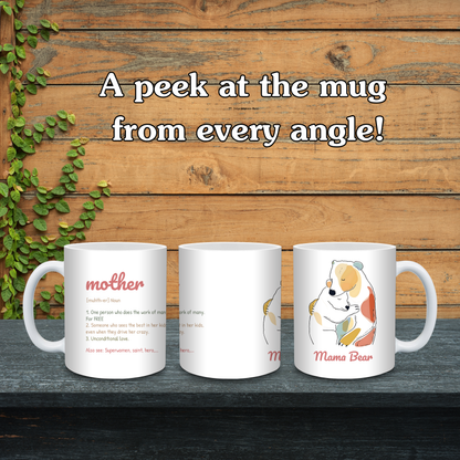 Three mugs with different designs on a wooden background