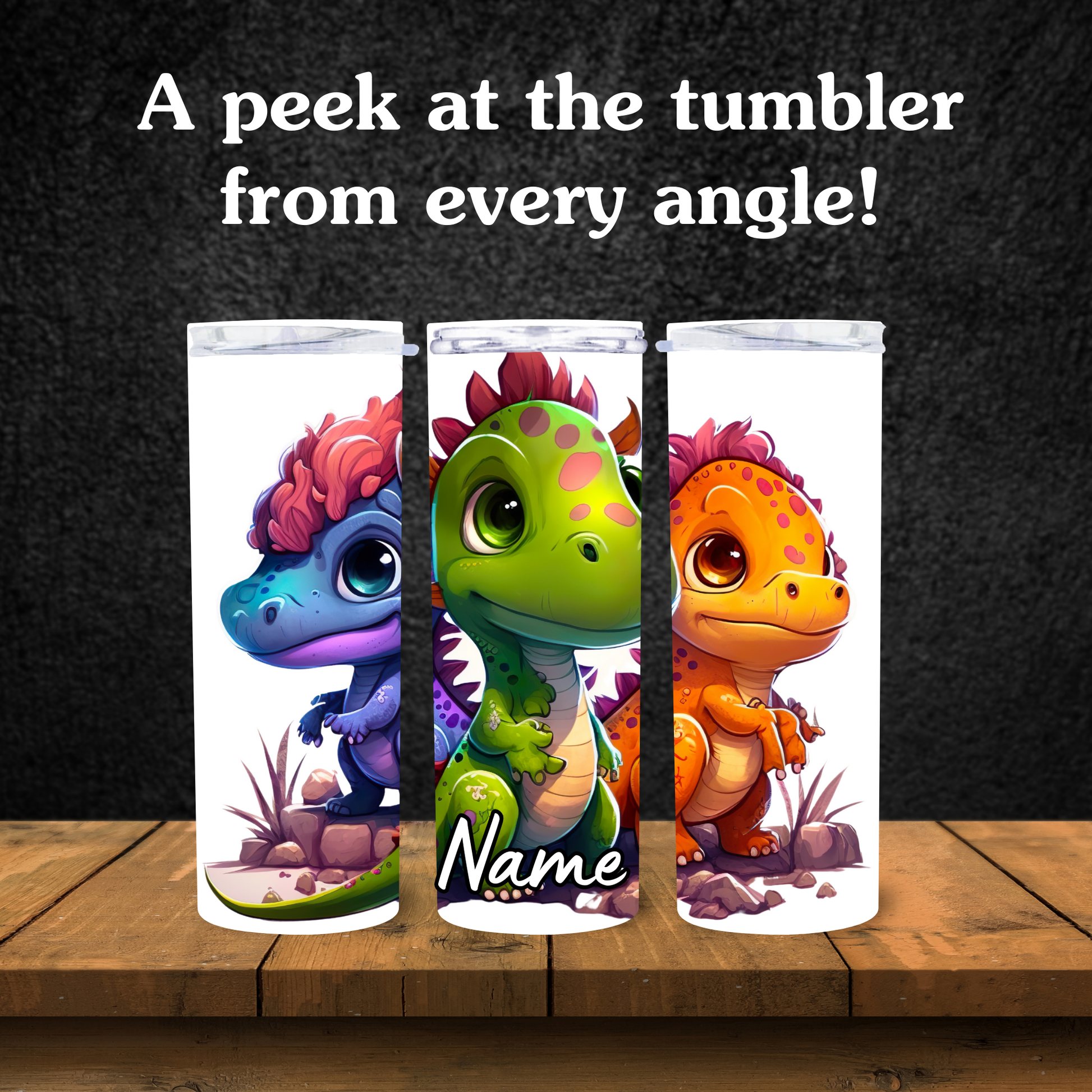 Three colorful tumbler designs with cartoon dinosaurs on a wooden surface and dark background.