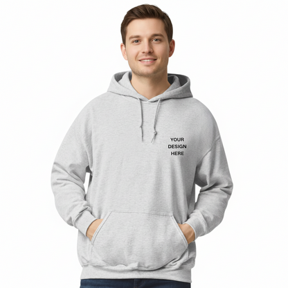 Gray hoodie with text 'Your Design Here' on a white background