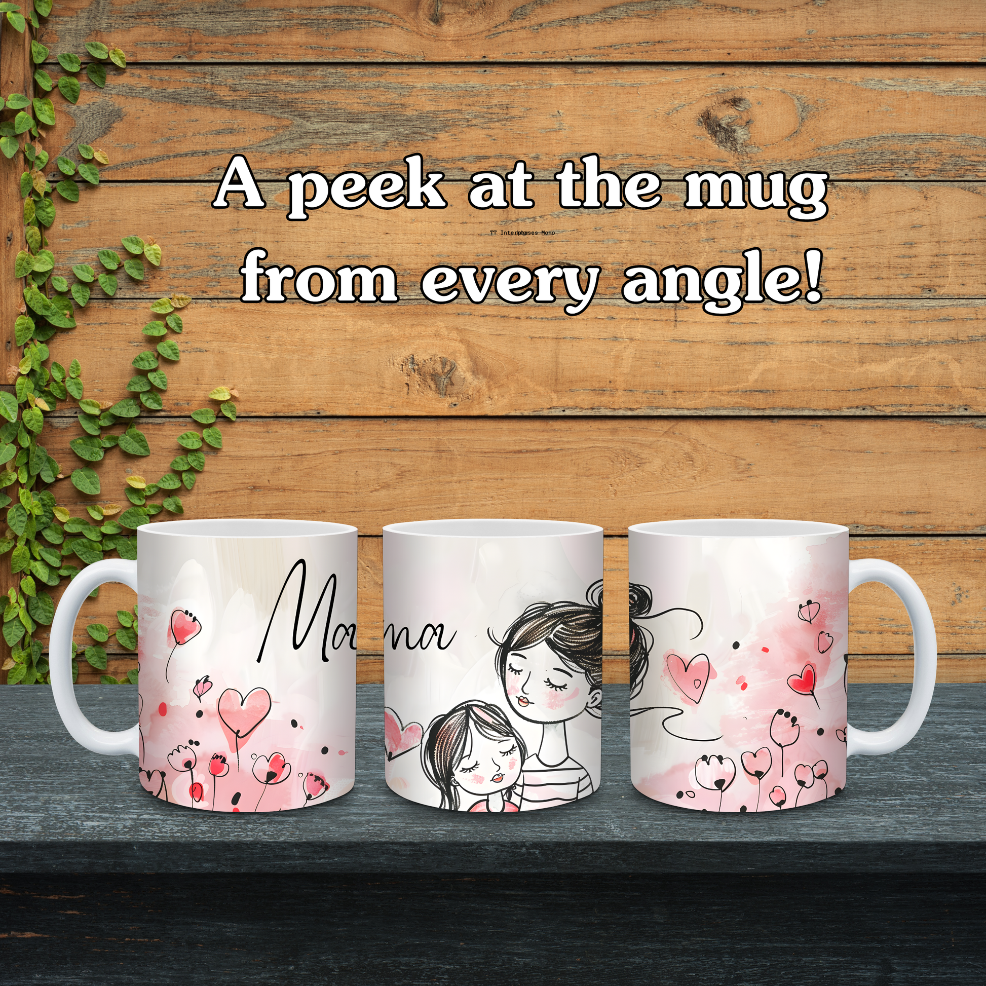 Three mugs with artistic designs on a wooden surface with text 'A peek at the mug from every angle!'.
