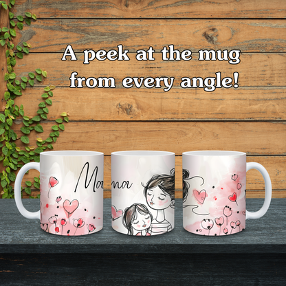Three mugs with artistic designs on a wooden surface with text 'A peek at the mug from every angle!'.