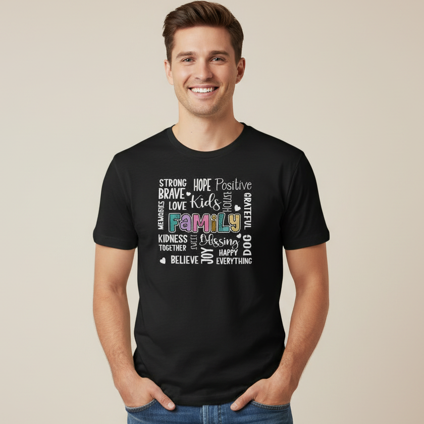 Black t-shirt with motivational text design on a wooden surface