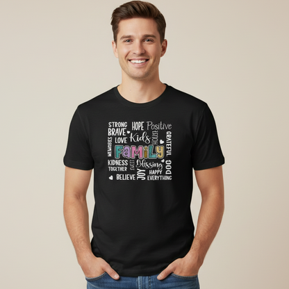 Black t-shirt with motivational text design on a wooden surface