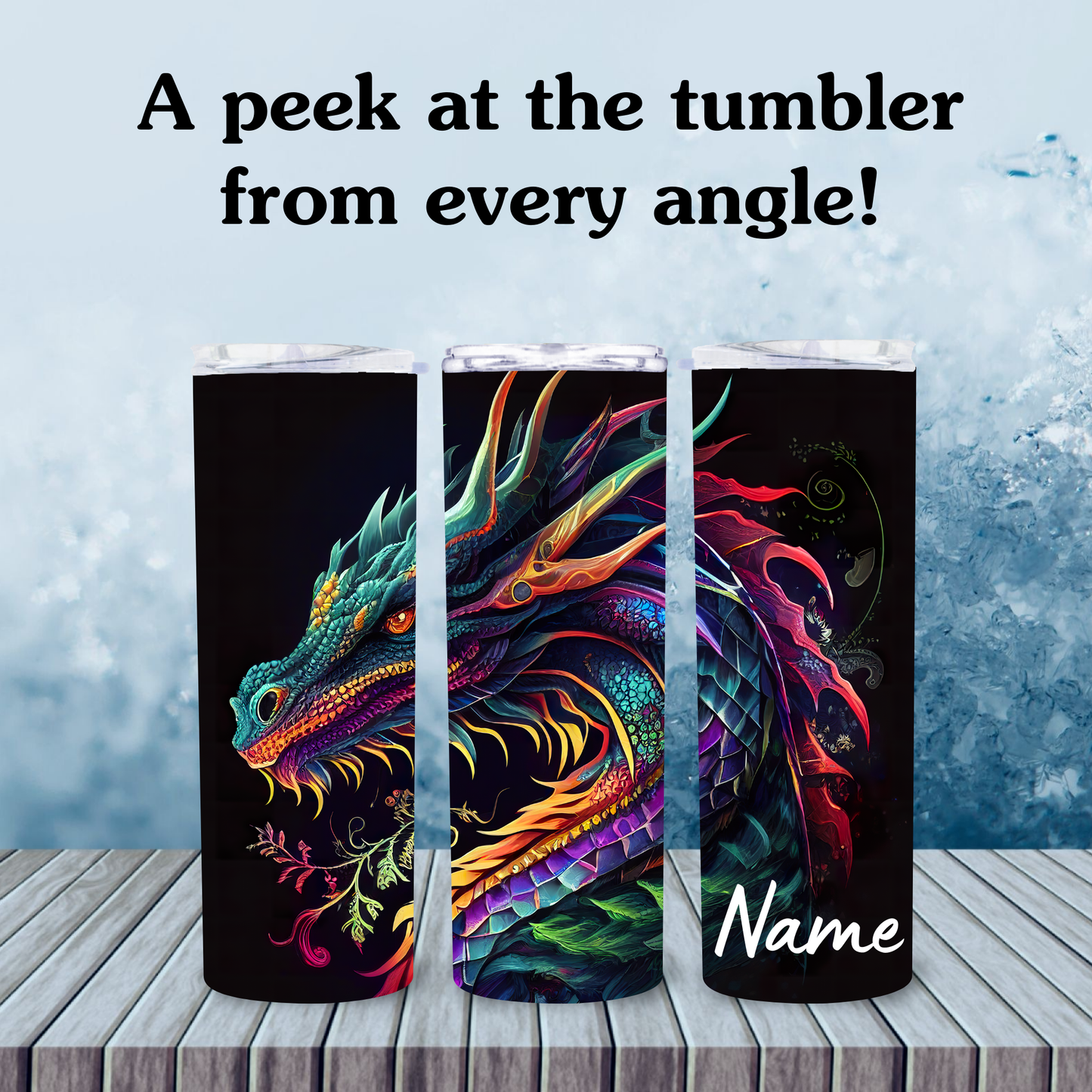 Three colorful dragon-themed tumblers on a wooden surface with a blue textured background.