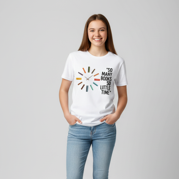 White t-shirt with book-themed design and text on a wooden surface