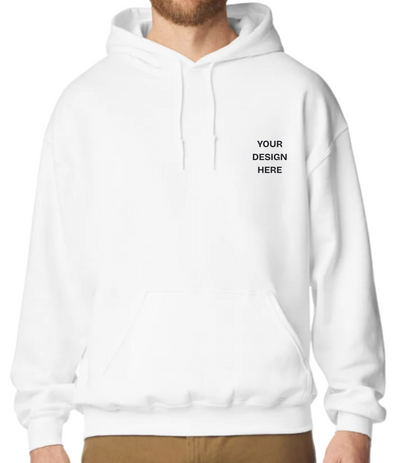 White hoodie with text 'Your Design Here' on a white background
