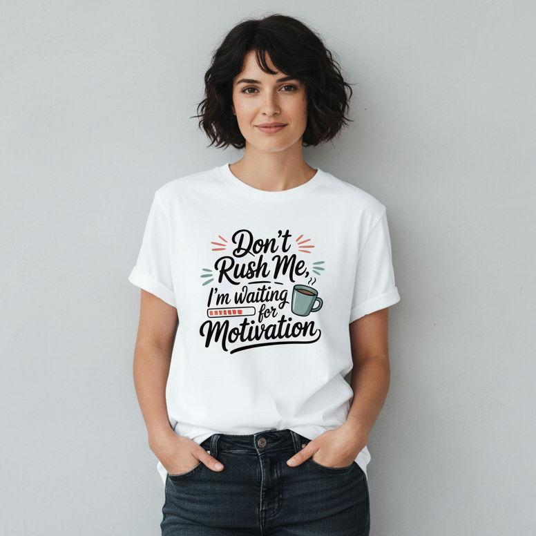 White t-shirt with humorous text design on a wooden surface