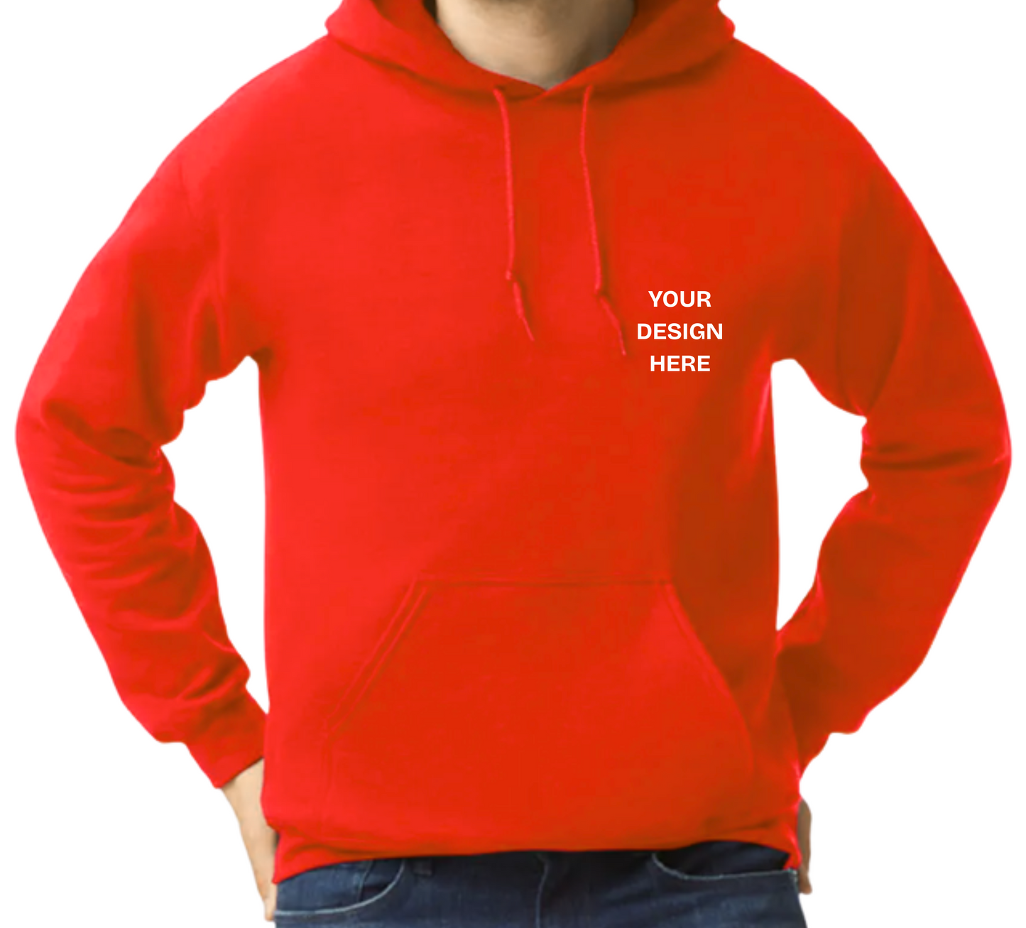 Red hoodie with 'Your Design Here' text on a white background