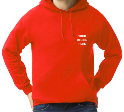 Red hoodie with 'Your Design Here' text on a white background