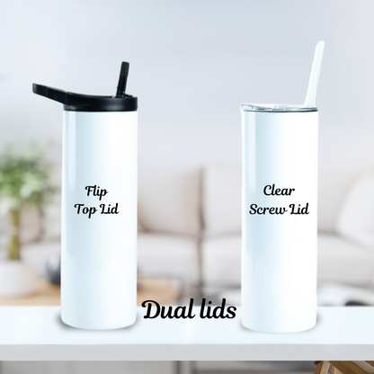 A set of insulated stainless steel tumblers with baseball-themed decorations, including text and an illustration of a baseball.