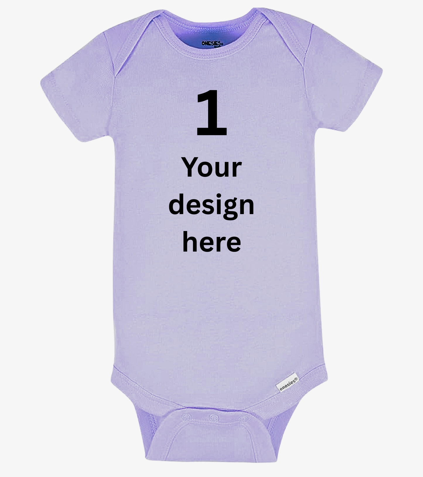 Purple baby onesie with text '1 Your design here' on a white background