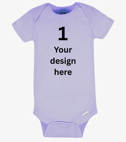 Purple baby onesie with text '1 Your design here' on a white background