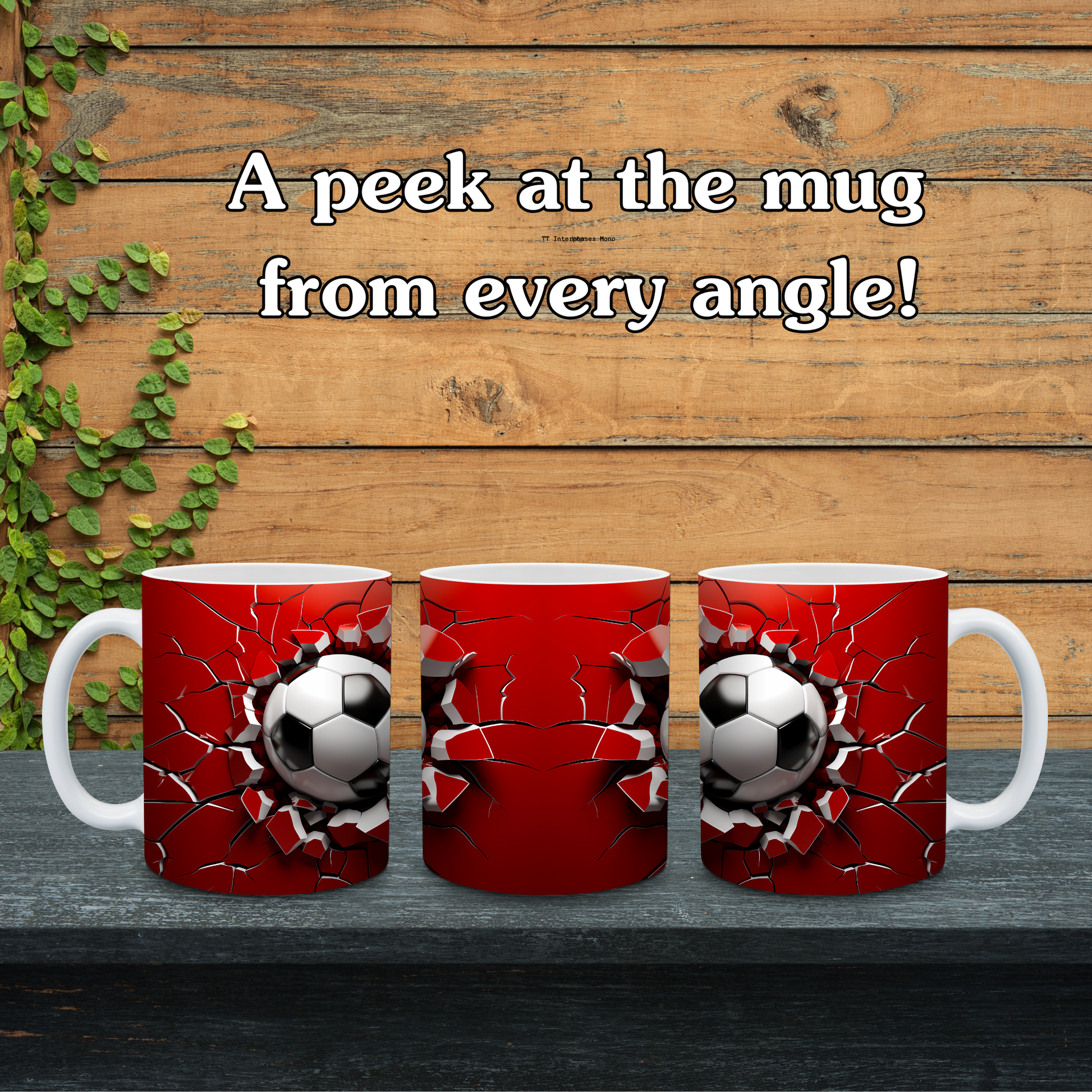Three red mugs with soccer ball design on a wooden surface.