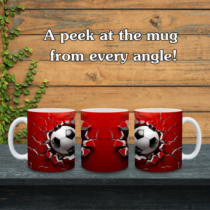 Three red mugs with soccer ball design on a wooden surface.