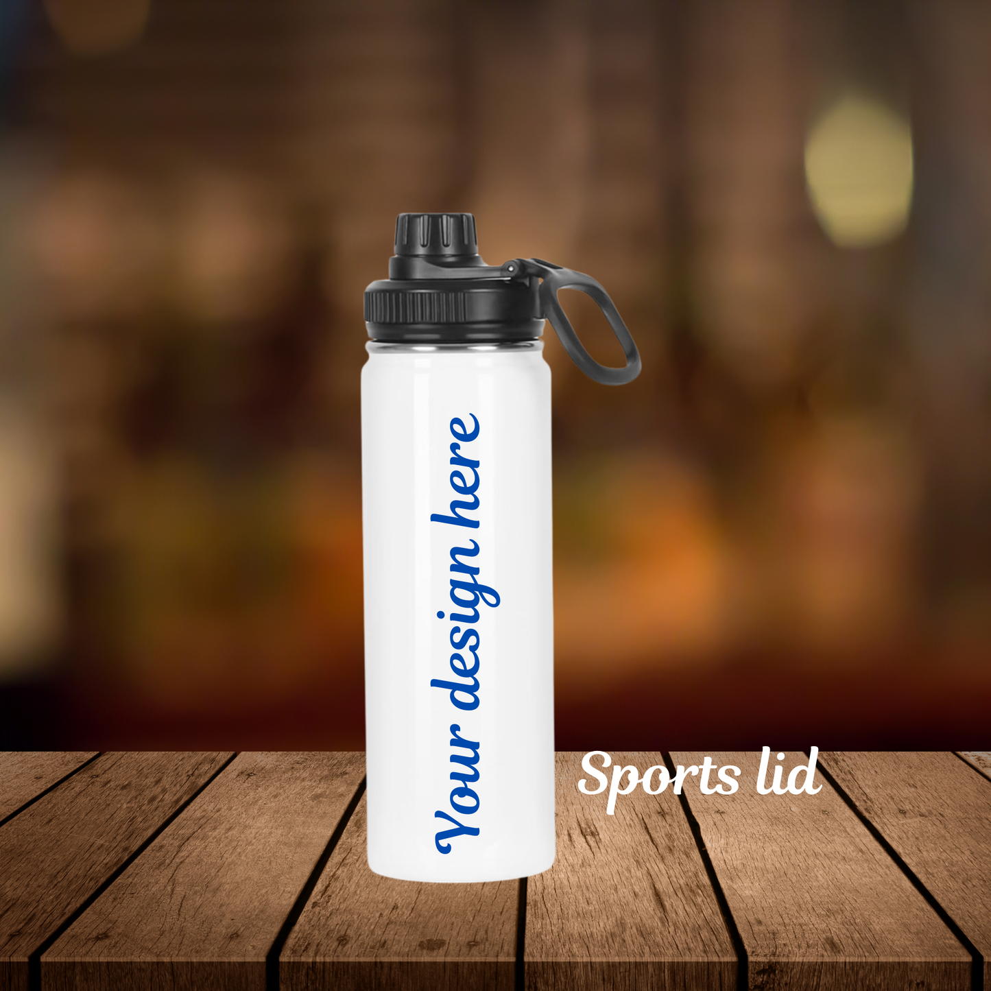 White water bottle with black sports lid on a wooden surface, blurred background