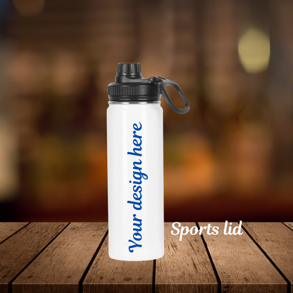 White water bottle with black sports lid on a wooden surface, blurred background