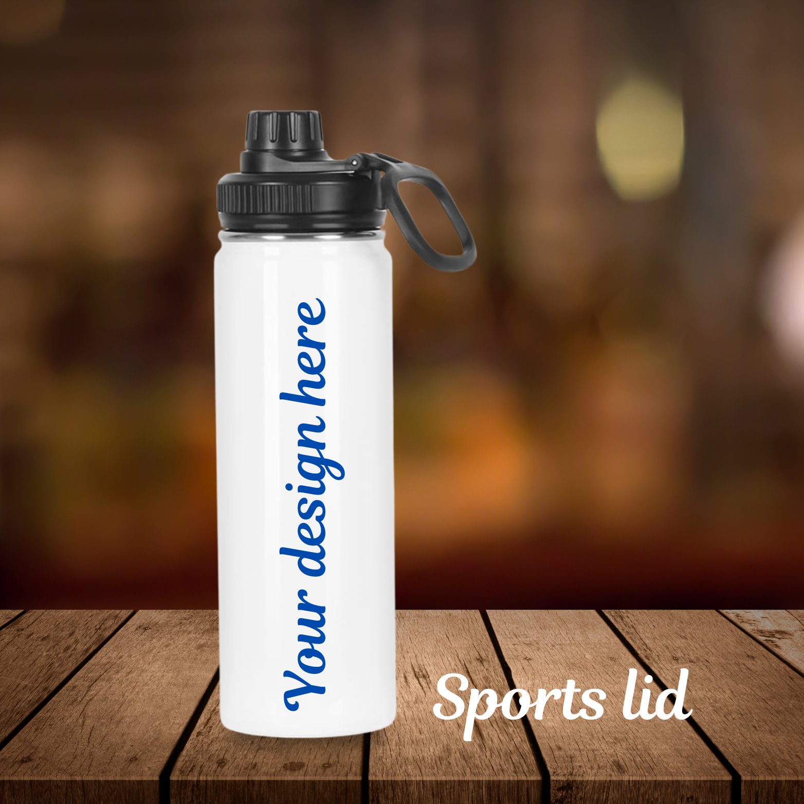White water bottle with black lid on a wooden surface, blurred background