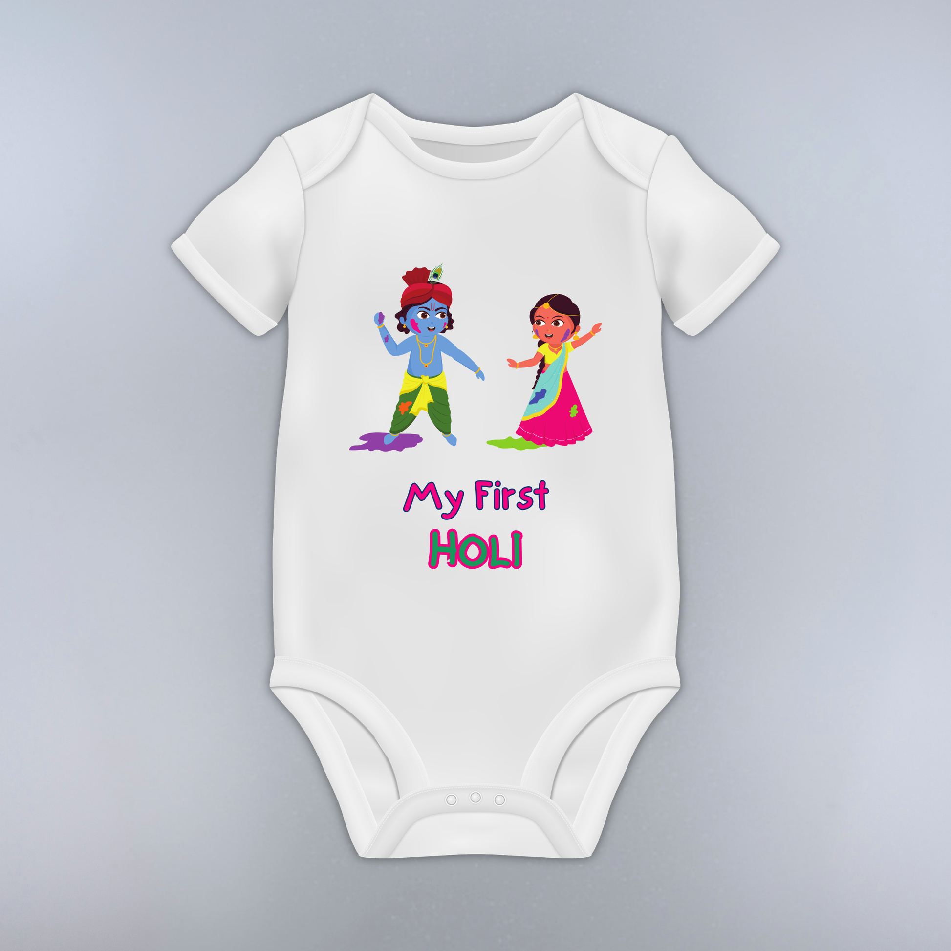 White baby onesie with cartoon characters and 'My First Holi' text on a gray background