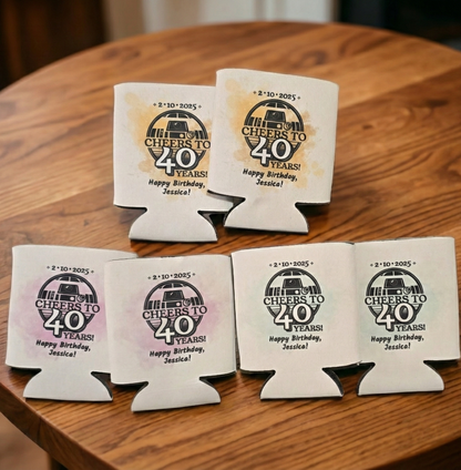 Personalized birthday can coolers on a wooden table