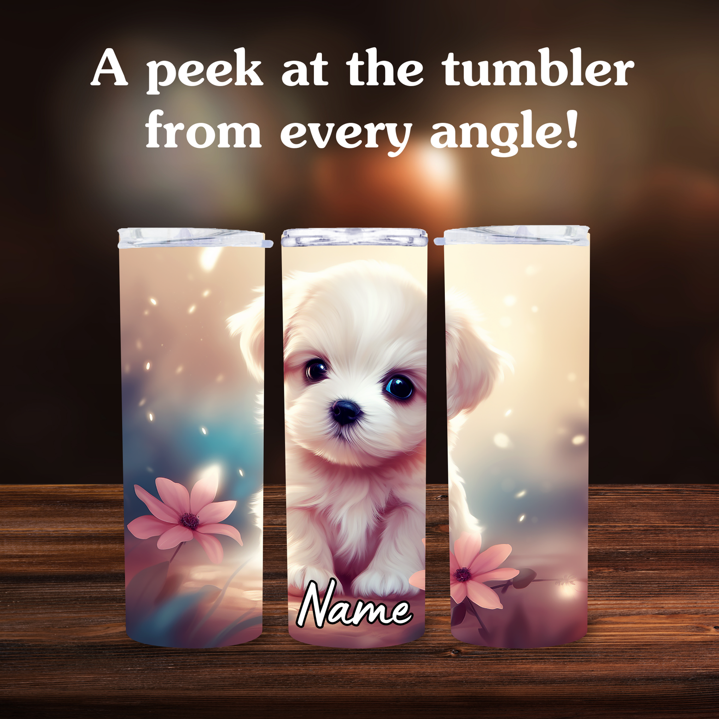 Three tumblers with a puppy design and floral elements on a wooden surface.