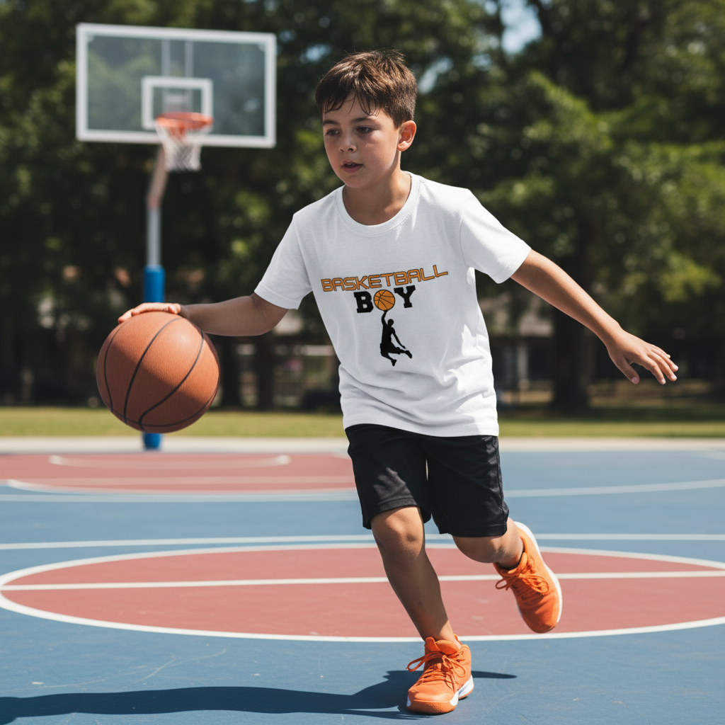 White t-shirt with 'Basketball Boy' graphic on a wooden surface