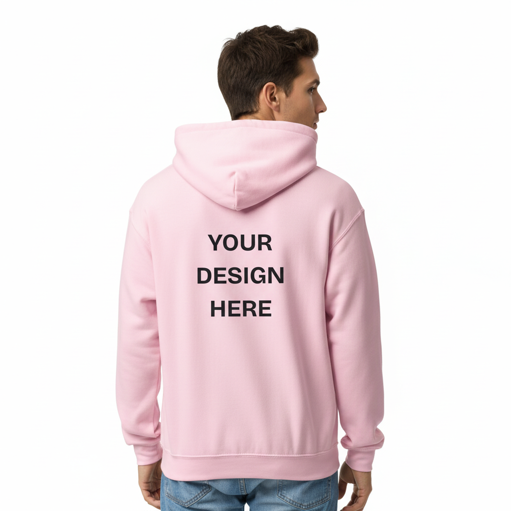 Pink hoodie with text 'Your Design Here' on the back, worn by a person on a white background