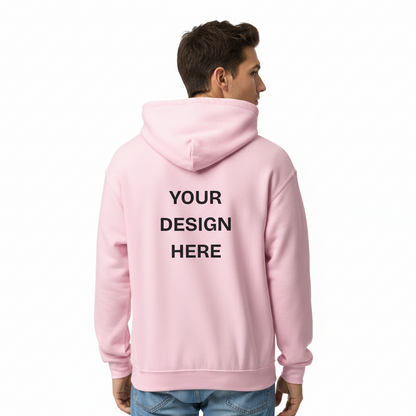 Pink hoodie with text 'Your Design Here' on the back, worn by a person on a white background