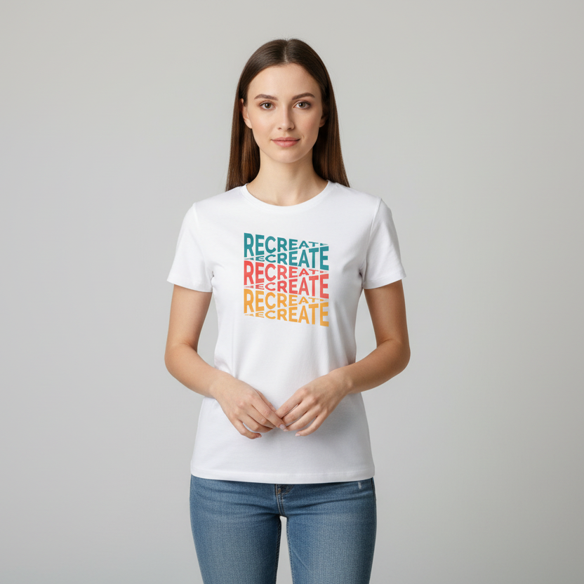 White t-shirt with 'RECREATE' text in colorful letters on a wooden surface