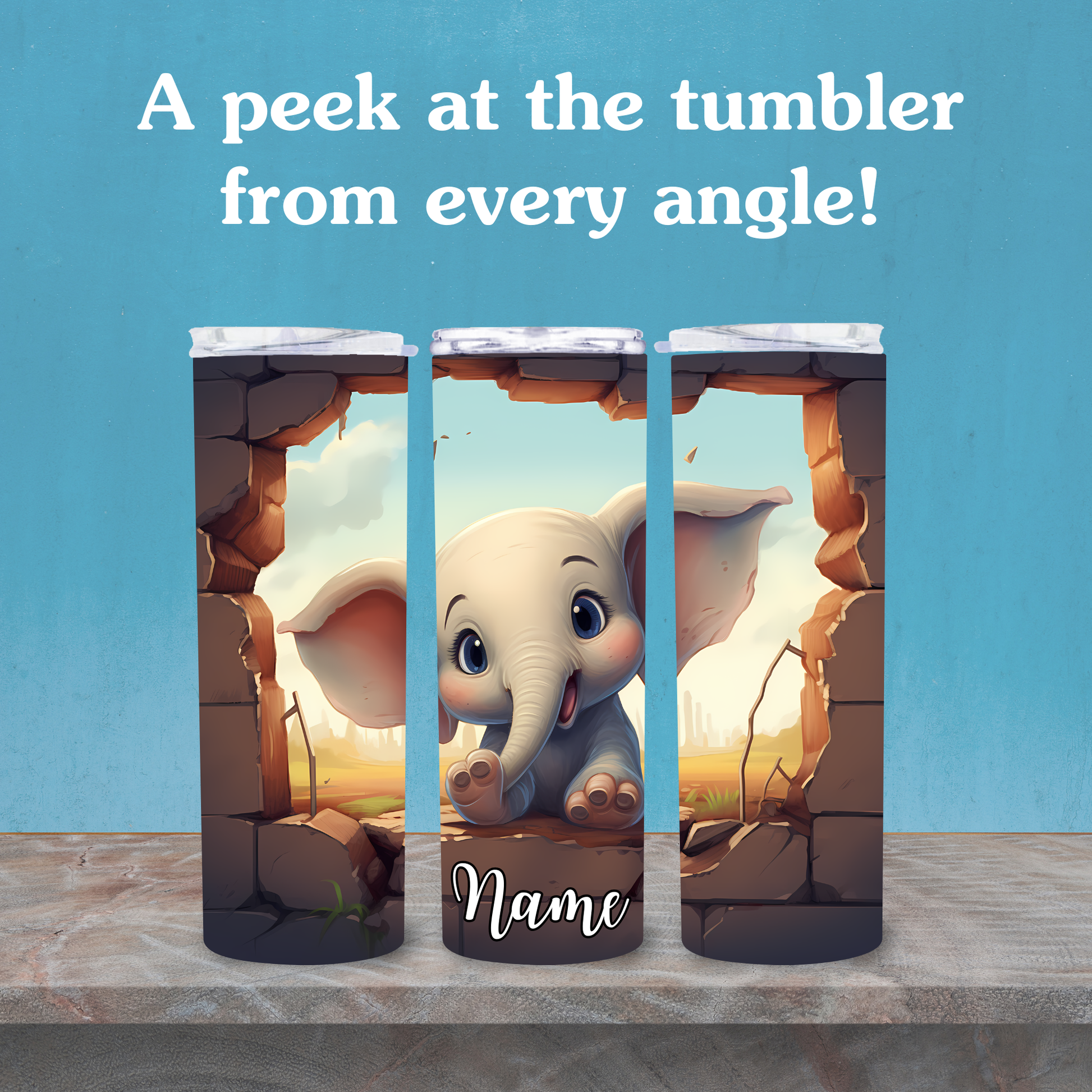 Three tumblers with a cartoon elephant design on a blue background.