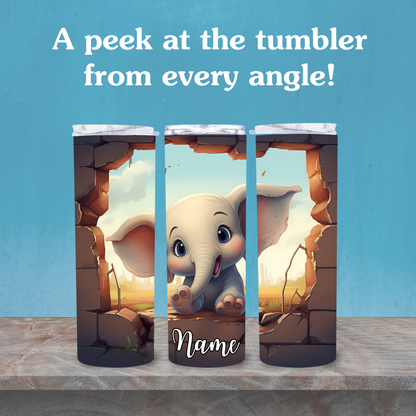 Three tumblers with a cartoon elephant design on a blue background.