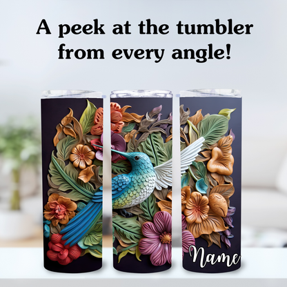 Three views of a decorative tumbler with floral and bird design on a blurred background.