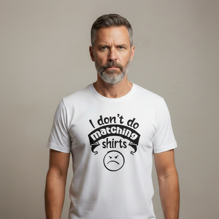 White t-shirt with black text and an angry face emoji on a wooden surface