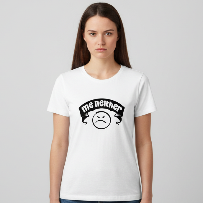 White t-shirt with a graphic design on a wooden surface