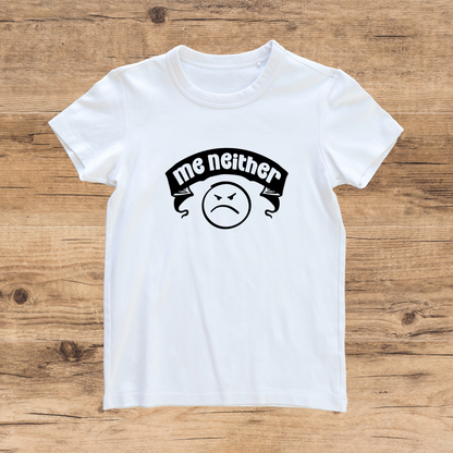 White t-shirt with a graphic design on a wooden surface